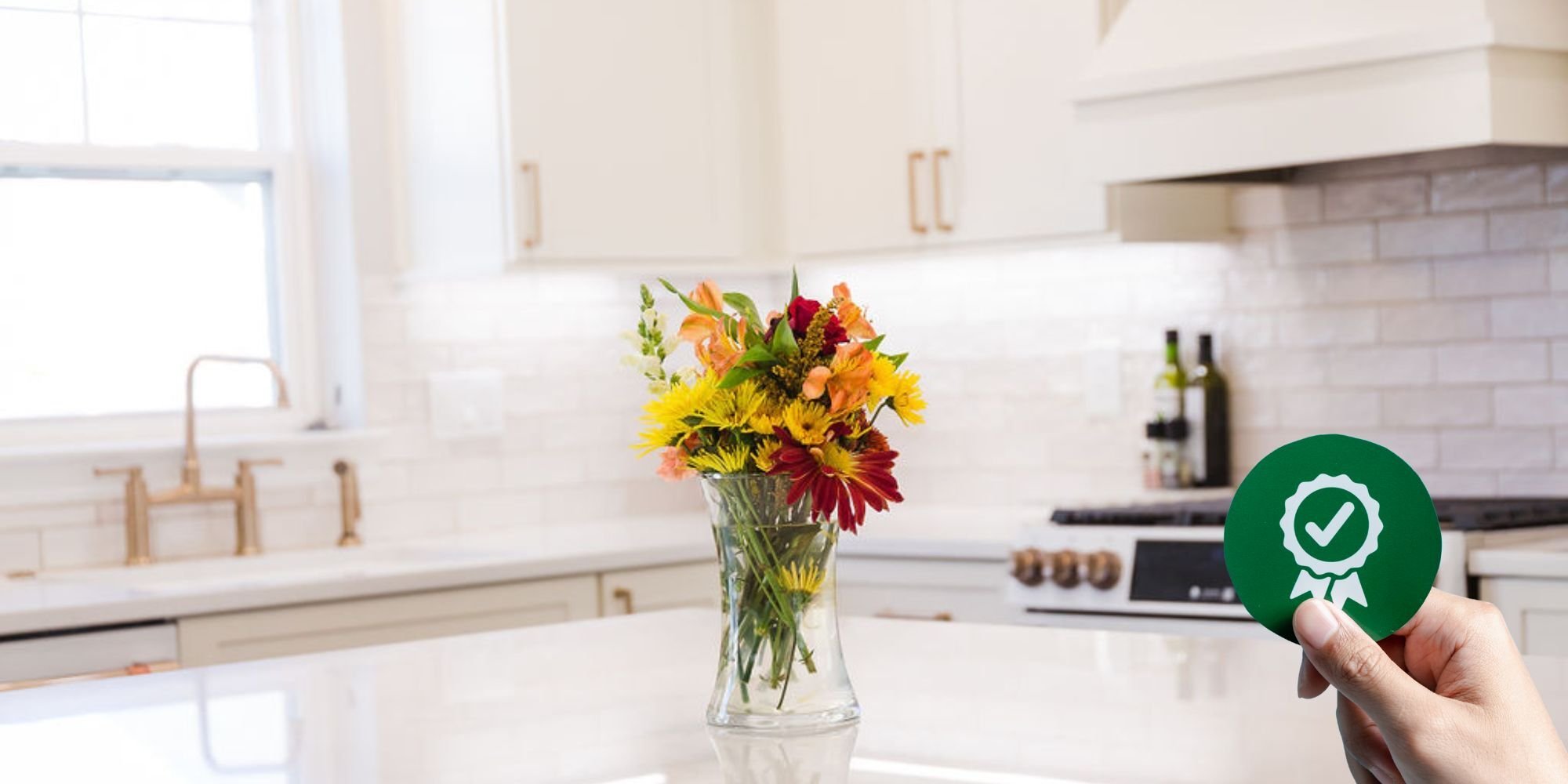 Cabinet Creations kitchen in Waterford, MI featuring white cabinetry, a floral centerpiece, and brass fixtures