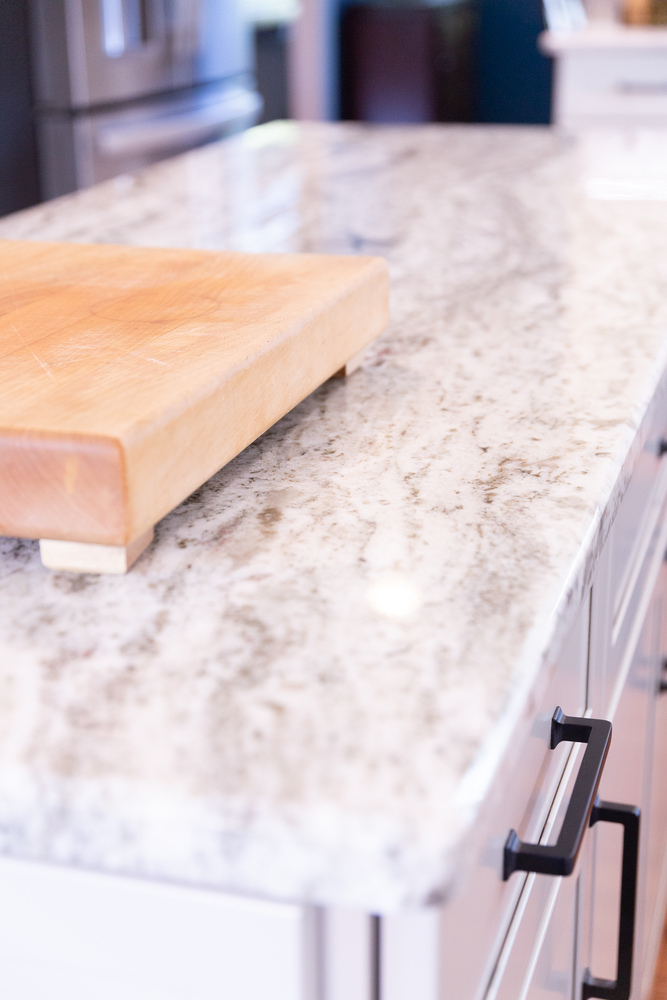 Close-up of marble kitchen island countertop by Cabinet Creations in Bloomfield Hills, Michigan