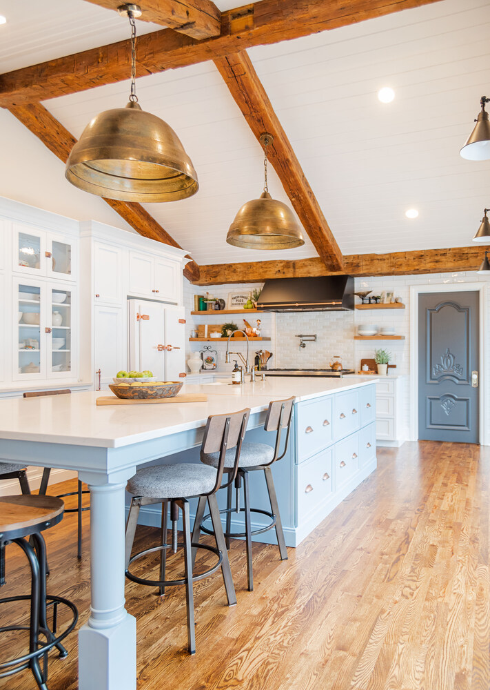 Custom kitchen design with blue island and rustic wood accents by Cabinet Creations in Oakland County, MI