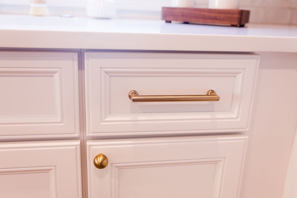 Close-up of kitchen island drawer pulls in a Cabinet Creations remodel project