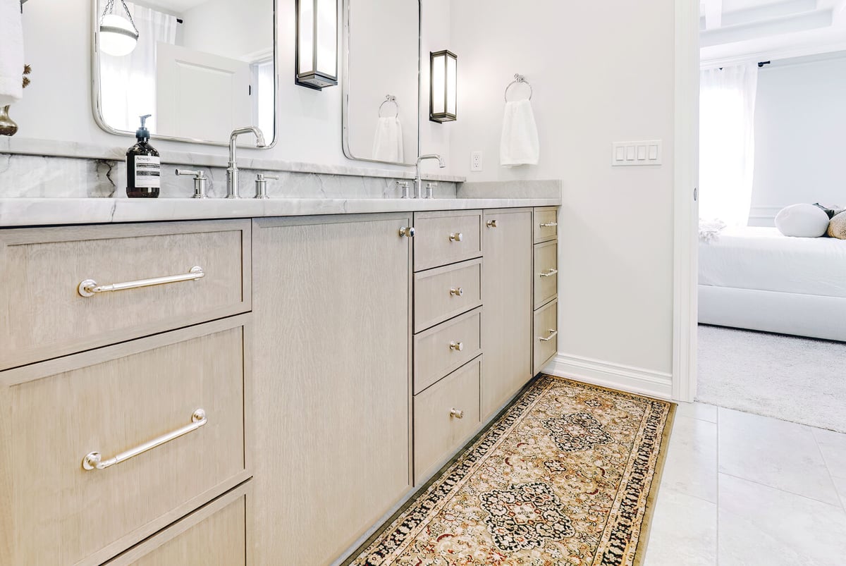 Modern double vanity and entry to bedroom in an Oakland County master bath remodel