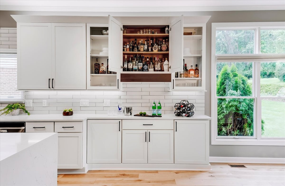 Full view of custom kitchen bar with open upper cabinets by Cabinet Creations in Bloomfield Hills, MI