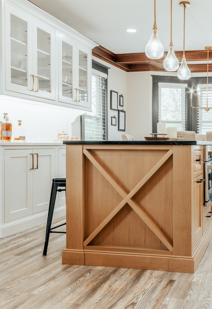 Modern farmhouse kitchen with open shelving and wood accents by Cabinet Creations in Oakland County, MI