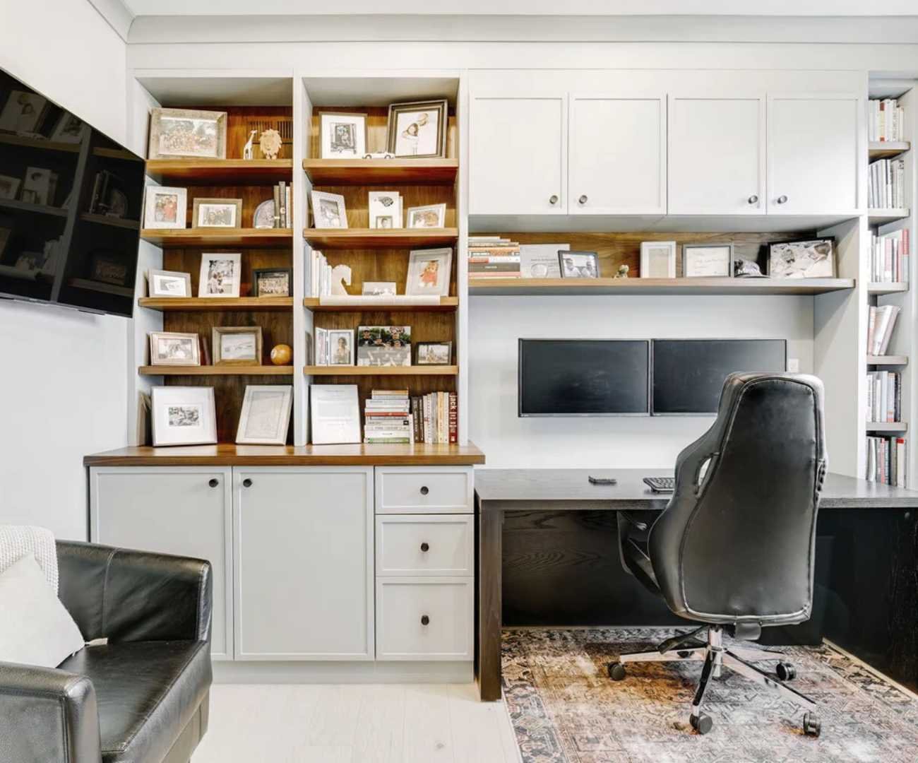 Cabinet Creations custom home office in Rochester, MI featuring built-in shelving, cabinetry, and workspace storag Cabinet Creations custom home office in Rochester, MI featuring built-in shelving, cabinetry, and workspace storag