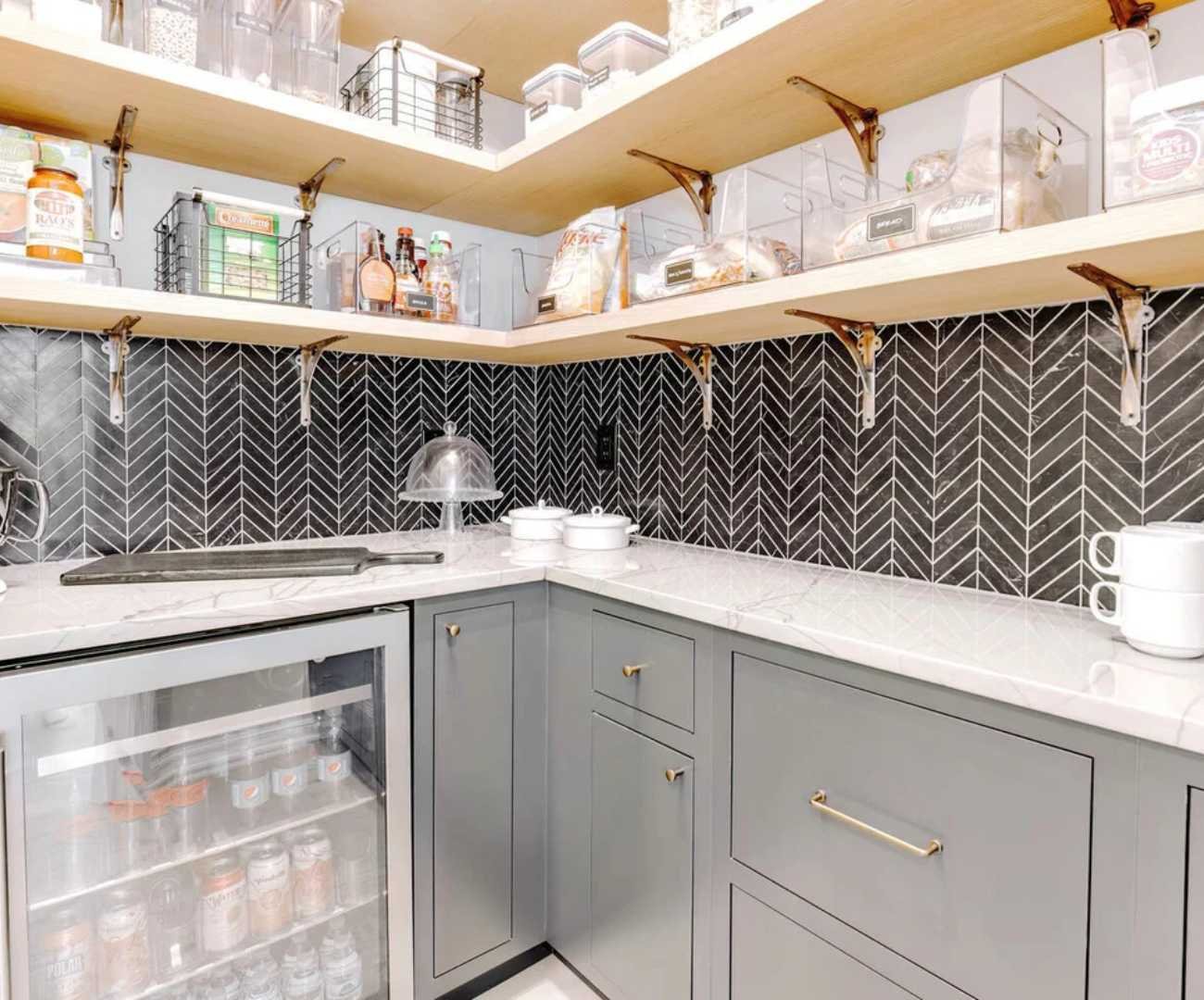Custom back kitchen by Cabinet Creations in Rochester, MI with pantry storage, shelving, and beverage fridge Custom back kitchen by Cabinet Creations in Rochester, MI with pantry storage, shelving, and beverage fridge