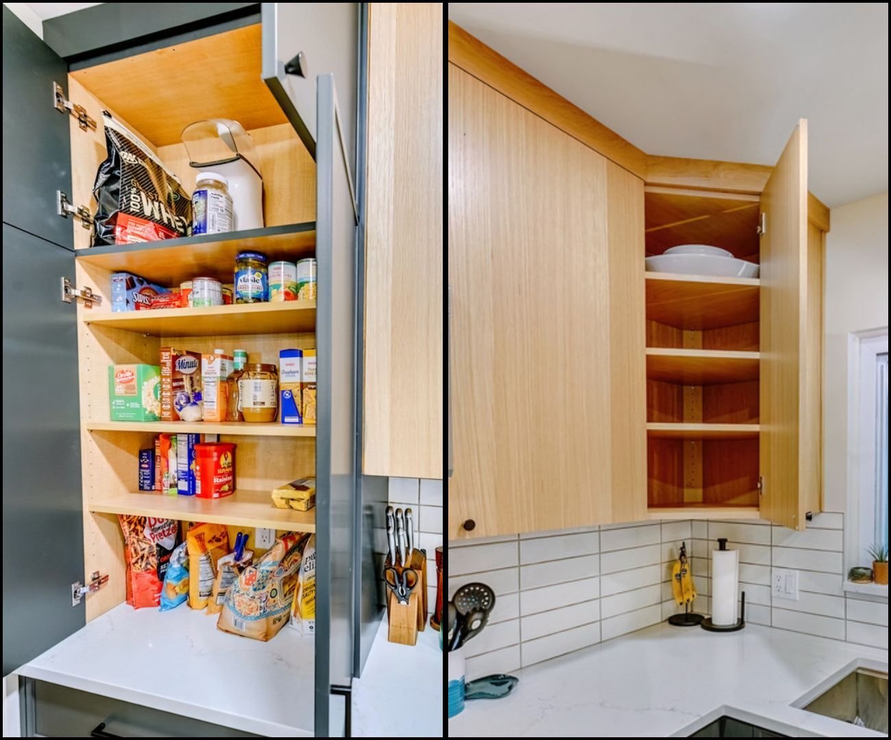 Open pantry cabinet in a Clarkston kitchen remodel showcasing organized food storage and an open upper corner cabinet by Cabinet Creations with vertical shelf storage.