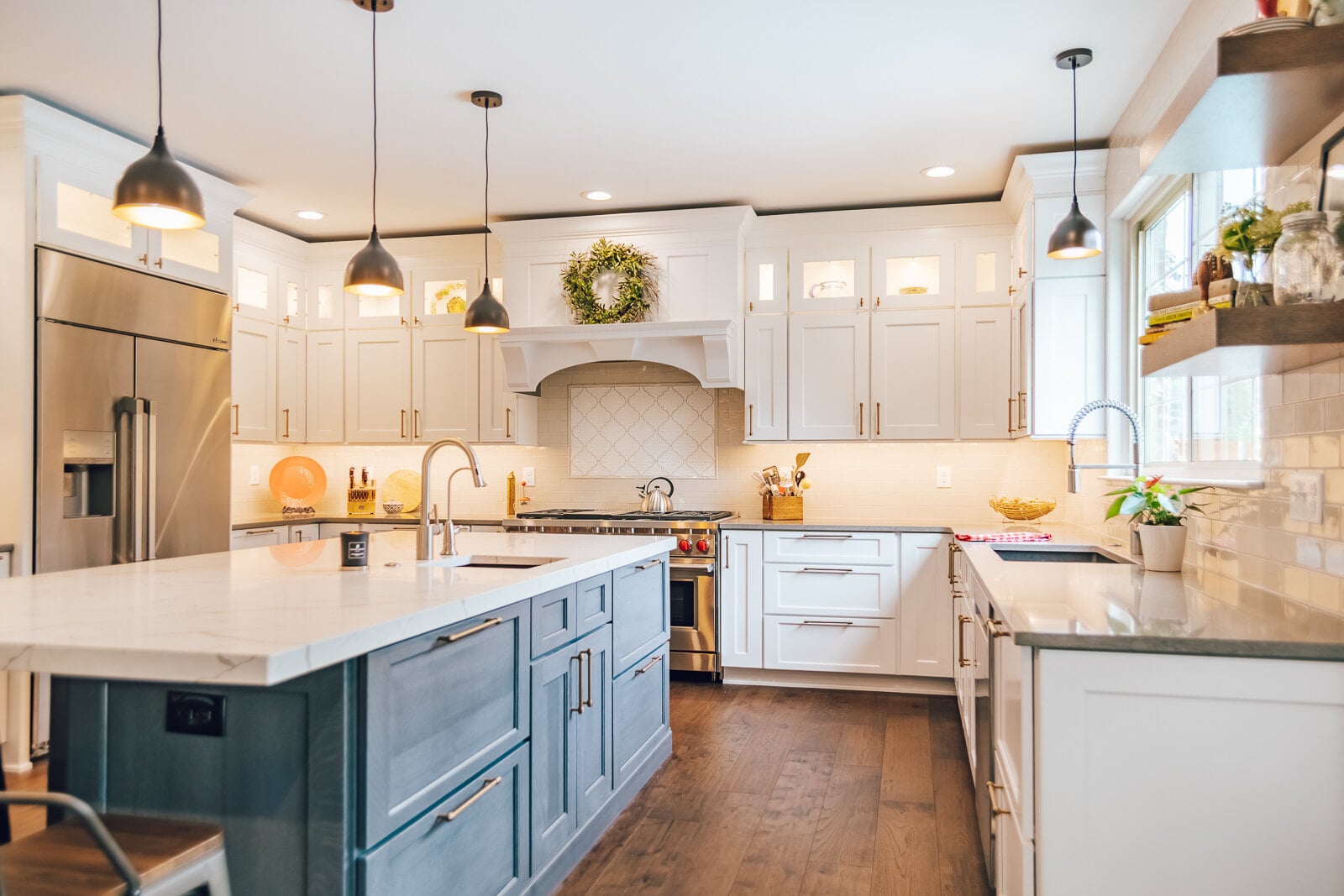 Kitchen island with stainless steel fridge in white lake michigan